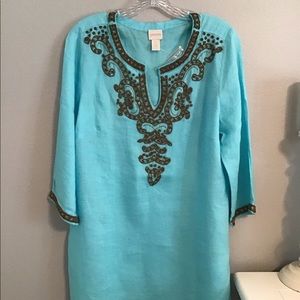 Chicos Turquoise Linen Beaded Tunic